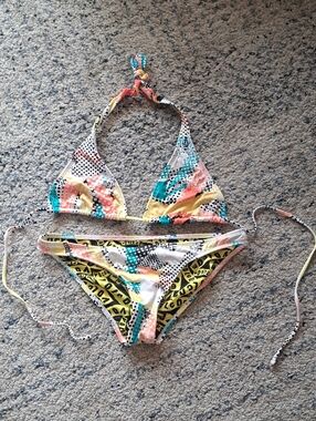 Volcom Multicolor Triangle Bikini - White, Yellow, Coral, Teal, Black